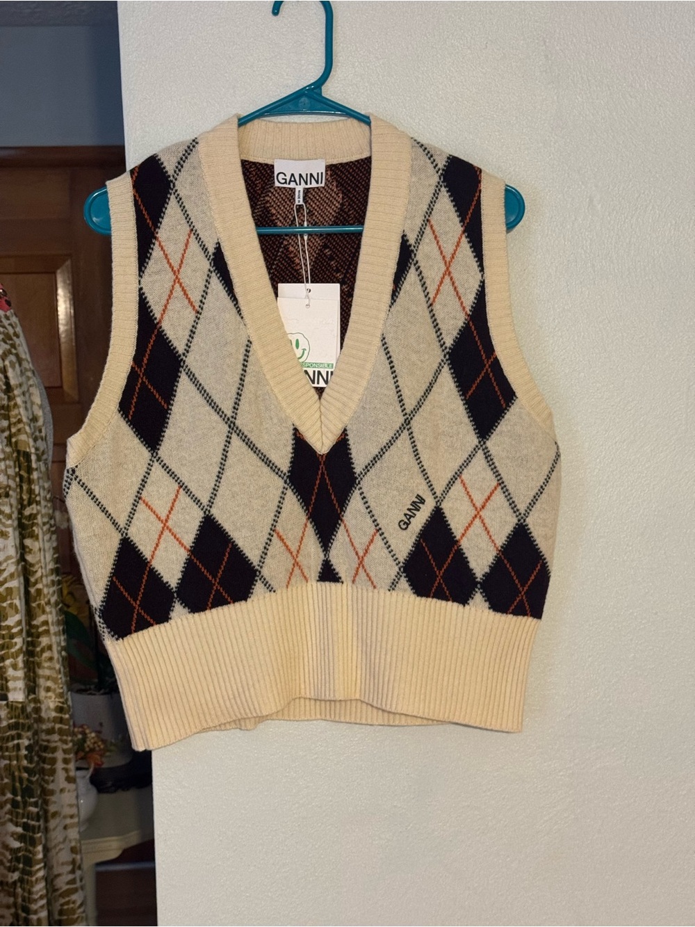 Ganni Argyle Recycled Wool Vest cropped cream/brown Large NWT